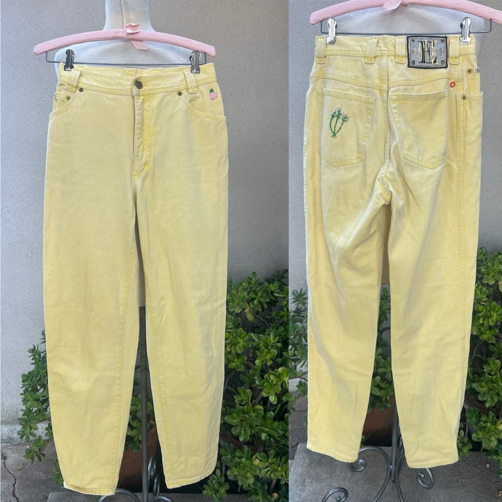 Vintage Escada yellow jeans high waist embroidered Sz 38